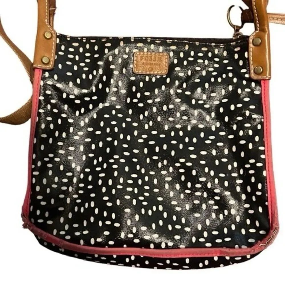 Fossil Keyper Black & White Polka Dot Coated Canvas Crossbody Purse Shou…
